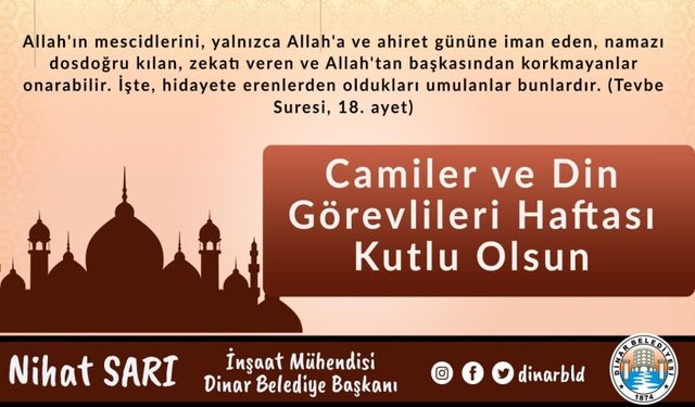 BELEDİYE BAŞKANI NİHAT SARI’DAN CAMİLER VE DİN GÖREVLİLERİ HAFTASI MESAJI