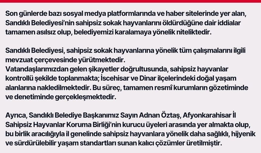 Sandıklı Belediyesinden Açıklama