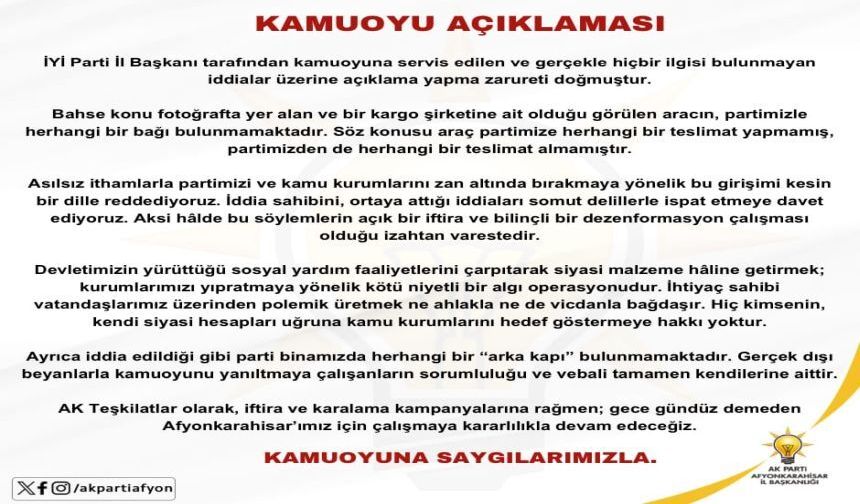 “İYİ Parti’nin gerçekle ilgisi olmayan iddiası asılsızdır”